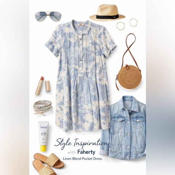 Faherty Sky Blue Tie Dye Linen Blend Shirt Dress Size Small summer beach resort - Picture 3 of 15